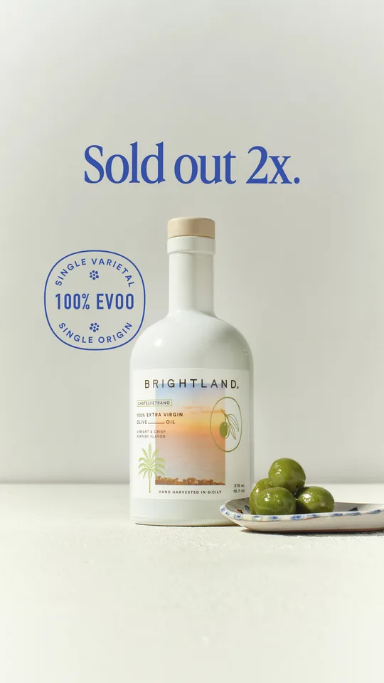 Brightland's ad: a white Castelvetrano olive oil bottle in a studio with the headline Sold out 2x.