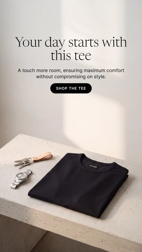 Our concept: a folded black Cuts tee on a concrete bench in morning light.