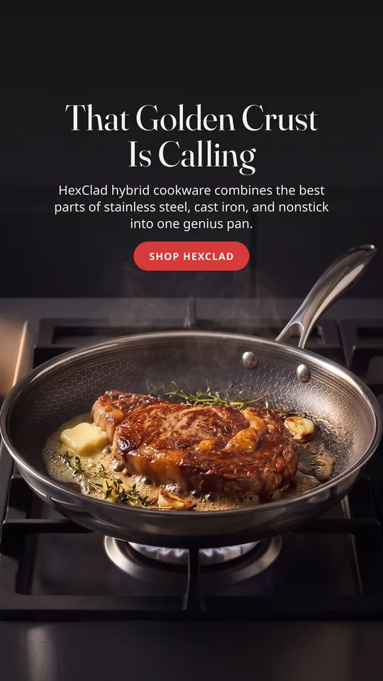 Our concept: a seared ribeye in the HexClad pan on a gas stove.