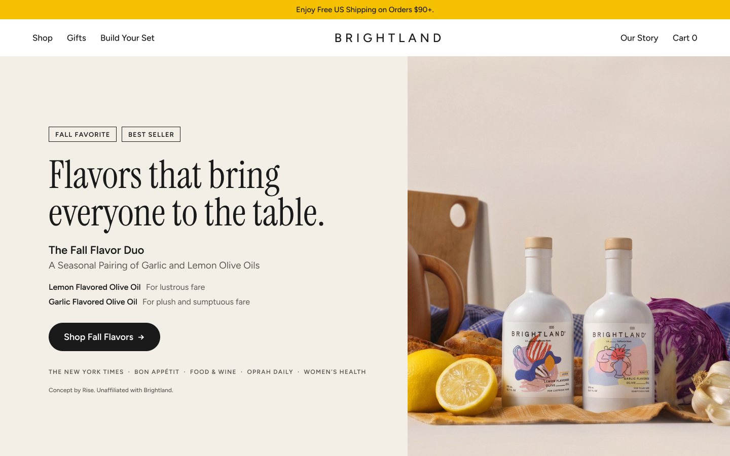 Our concept: a split first screen with Brightland's Fall Flavor Duo photo, the line Flavors that bring everyone to the table, one Shop Fall Flavors button and their press names moved up.