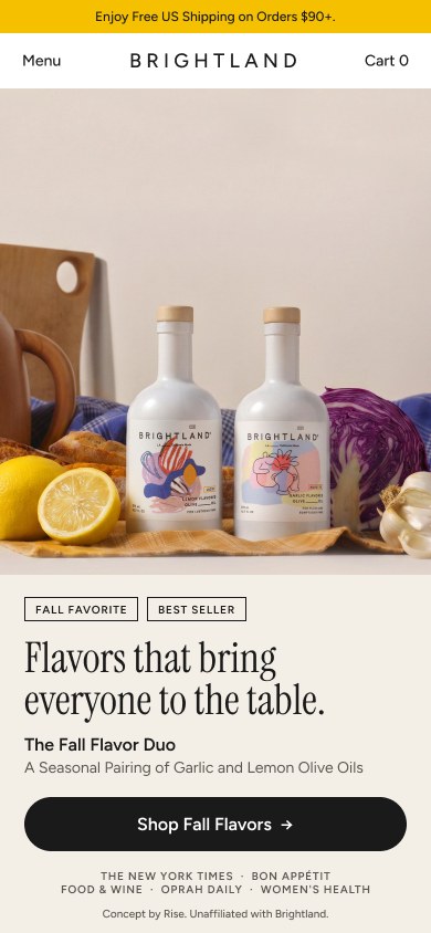 Our concept: a split first screen with Brightland's Fall Flavor Duo photo, the line Flavors that bring everyone to the table, one Shop Fall Flavors button and their press names moved up. Mobile view.